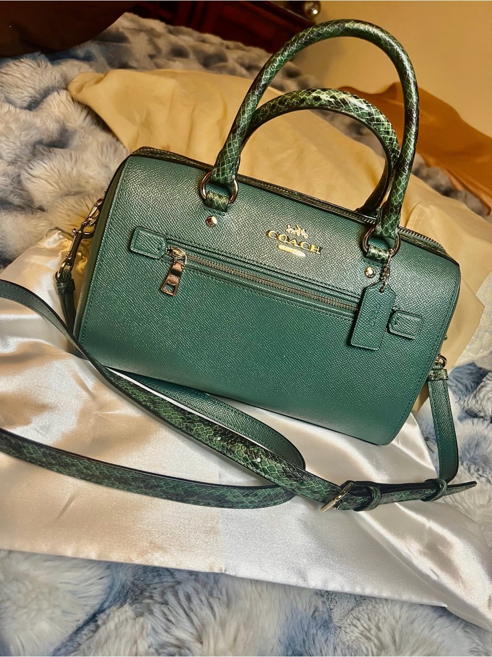 NWOT Coach Med Rowan satchel DARK TURQUOISE w Snakeskin Leather Trim (MSRP $398)